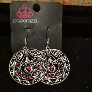 paparazzi Silver-Tone Filigree Earrings with Hot Pink Rhinestones